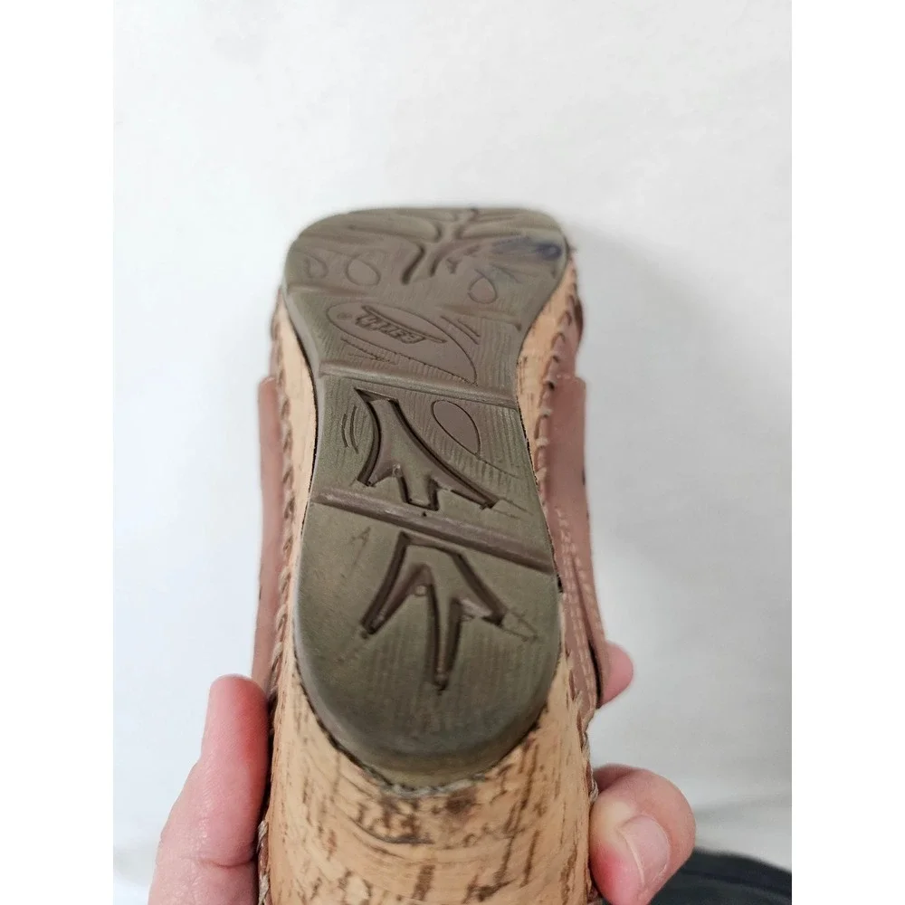 Earth Aries Brown Leather Laser Cut Cork Wedge Sandals Size 9.5B Boho‎ Comfort